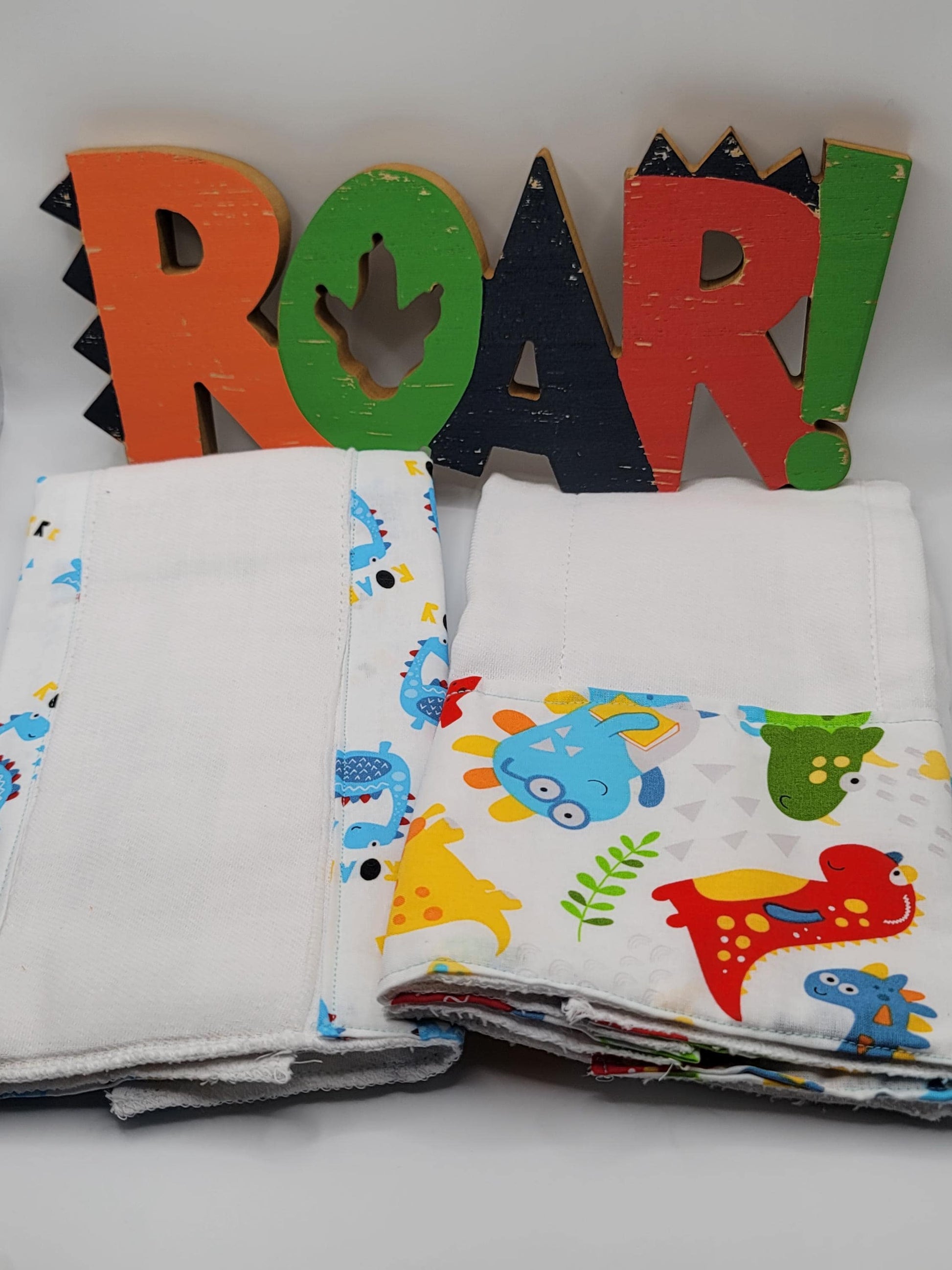 Dinosaur Roar Burp Cloths/ White Absorbent Towels/2 Piece Bundle Set/ New Parents Gift/ Toddler Clean Up Kit/ Play Date Accessories/